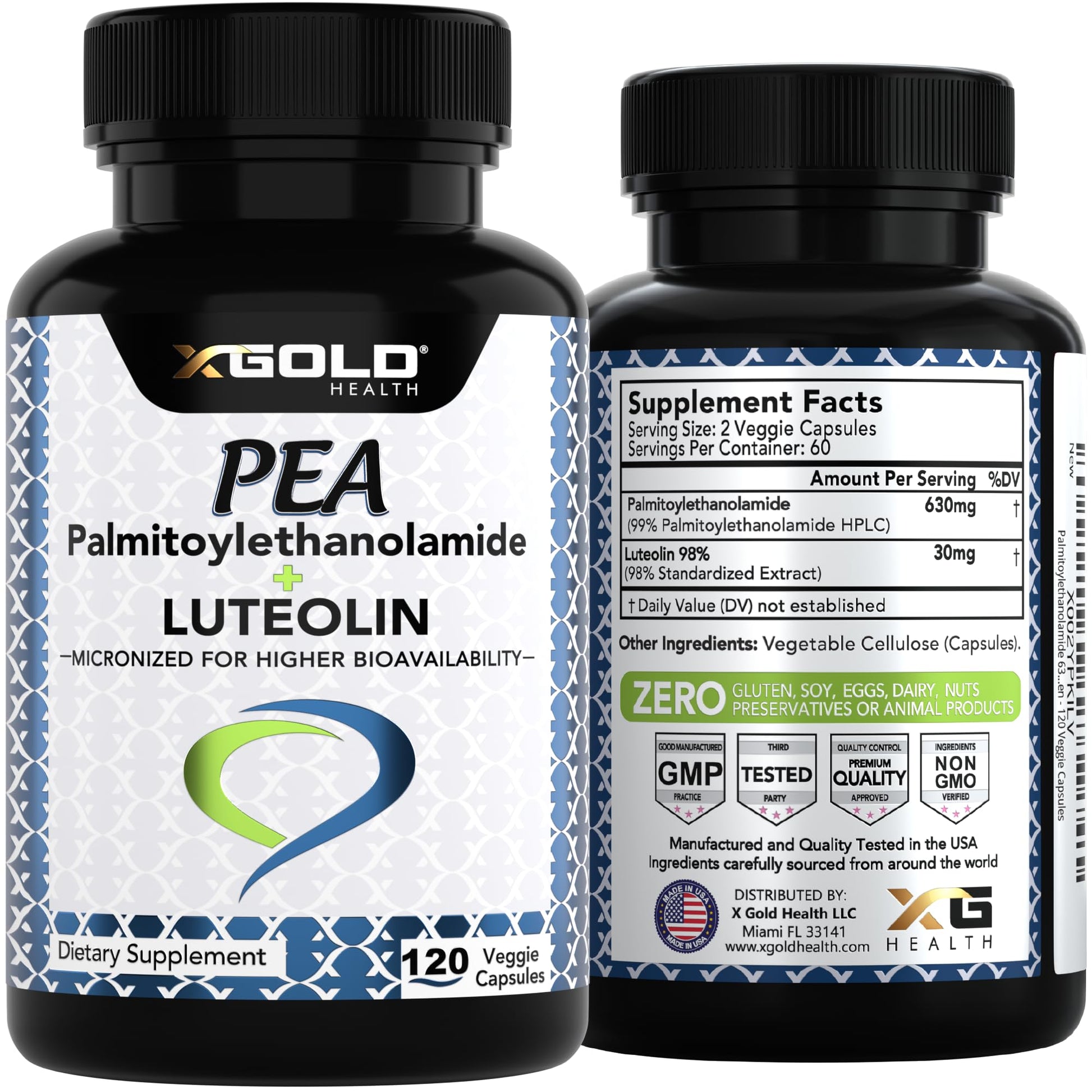 Palmitoylethanolamide 630 mg + Luteolin Standardized 98%- Micronized Pea 99% Highly Purified and Bioavailable - Made in USA - Supplement for Men and Women - 120 Veggie Capsules - dailyvitalstore