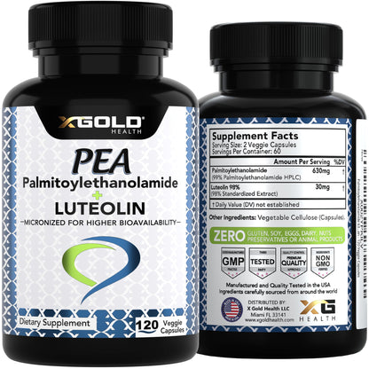 Palmitoylethanolamide 630 mg + Luteolin Standardized 98%- Micronized Pea 99% Highly Purified and Bioavailable - Made in USA - Supplement for Men and Women - 120 Veggie Capsules - dailyvitalstore