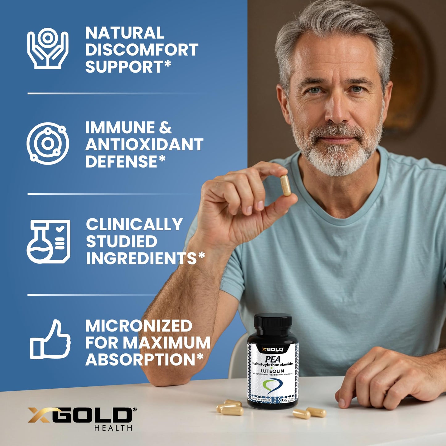 Palmitoylethanolamide 630 mg + Luteolin Standardized 98%- Micronized Pea 99% Highly Purified and Bioavailable - Made in USA - Supplement for Men and Women - 120 Veggie Capsules - dailyvitalstore