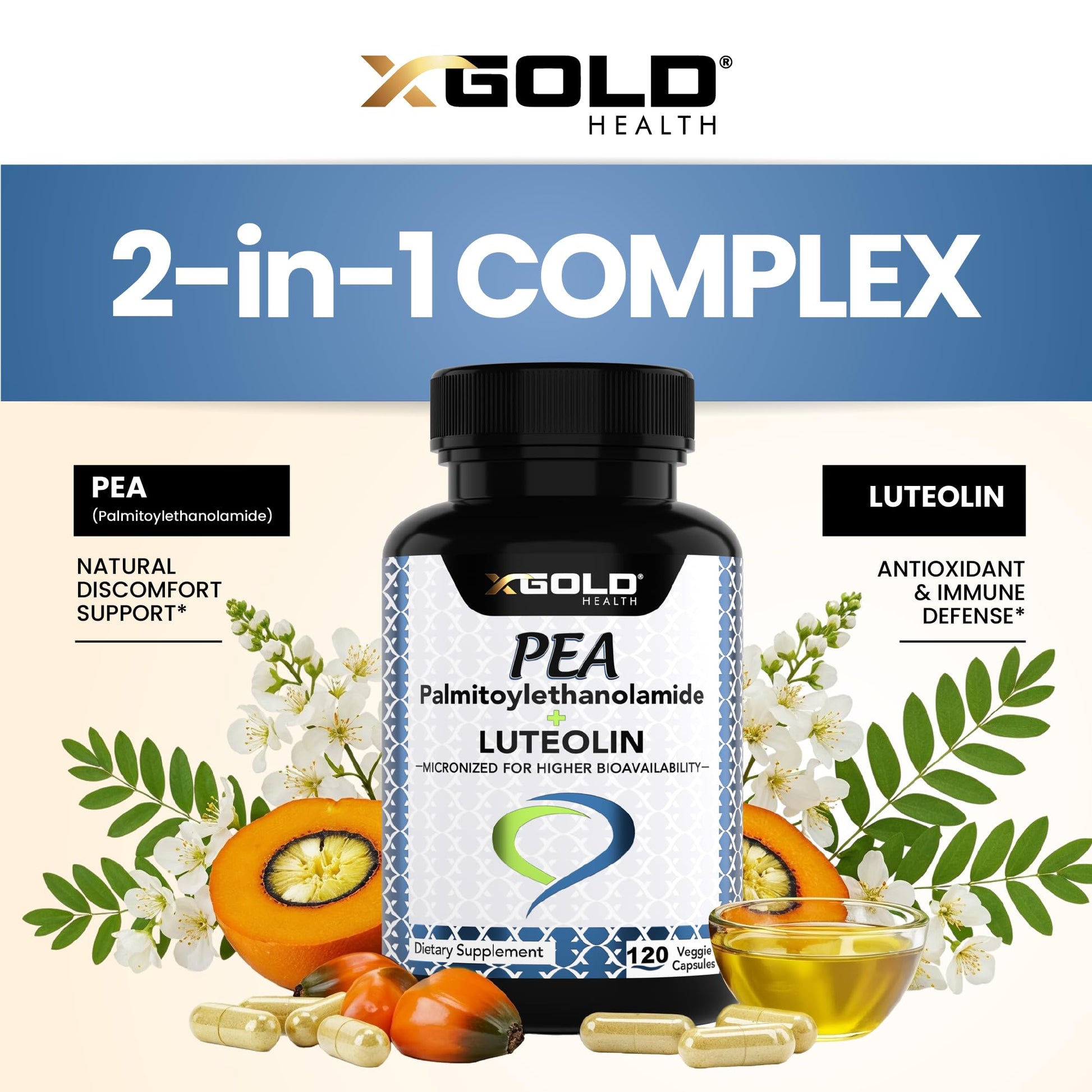 Palmitoylethanolamide 630 mg + Luteolin Standardized 98%- Micronized Pea 99% Highly Purified and Bioavailable - Made in USA - Supplement for Men and Women - 120 Veggie Capsules - dailyvitalstore