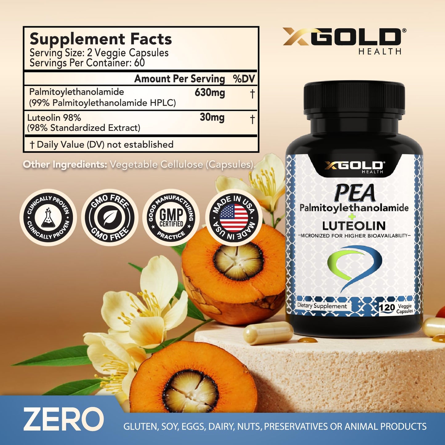 Palmitoylethanolamide 630 mg + Luteolin Standardized 98%- Micronized Pea 99% Highly Purified and Bioavailable - Made in USA - Supplement for Men and Women - 120 Veggie Capsules - dailyvitalstore