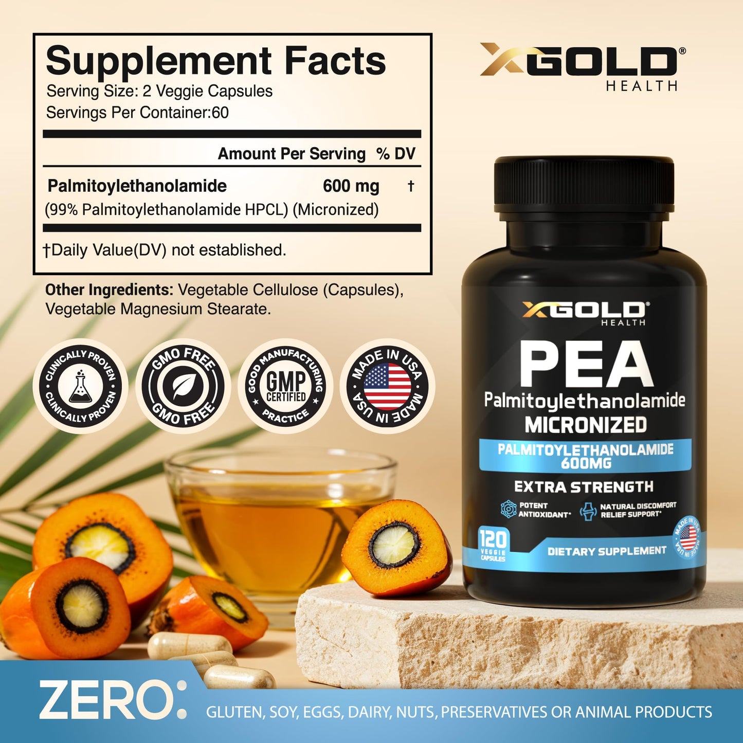 Palmitoylethanolamide Pea Supplement 600 mg | Micronized Pea 99% Highly Purified and Bioavailable | Made in USA | Supplement for Men and Women - 120 Capsules - dailyvitalstore