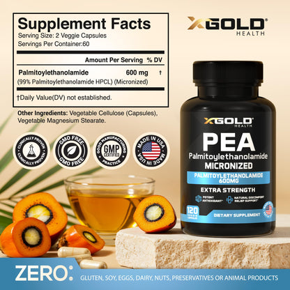 Palmitoylethanolamide Pea Supplement 600 mg | Micronized Pea 99% Highly Purified and Bioavailable | Made in USA | Supplement for Men and Women - 120 Capsules - dailyvitalstore