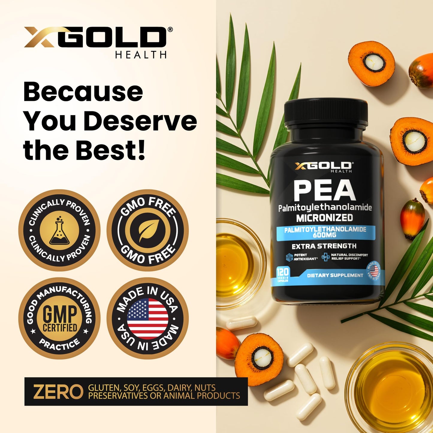 Palmitoylethanolamide Pea Supplement 600 mg | Micronized Pea 99% Highly Purified and Bioavailable | Made in USA | Supplement for Men and Women - 120 Capsules - dailyvitalstore