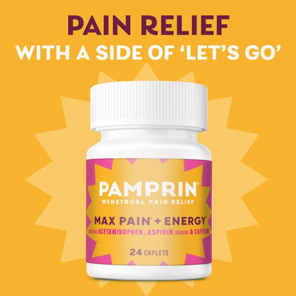 Pamprin Maximum Strength Max Pain and Energy Formula, Menstrual Period Symptoms Relief for Cramps, Bloating and Fatigue, 24 Caplets - dailyvitalstore