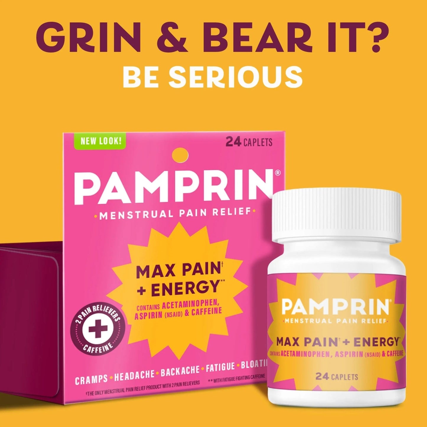 Pamprin Maximum Strength Max Pain and Energy Formula, Menstrual Period Symptoms Relief for Cramps, Bloating and Fatigue, 24 Caplets - dailyvitalstore