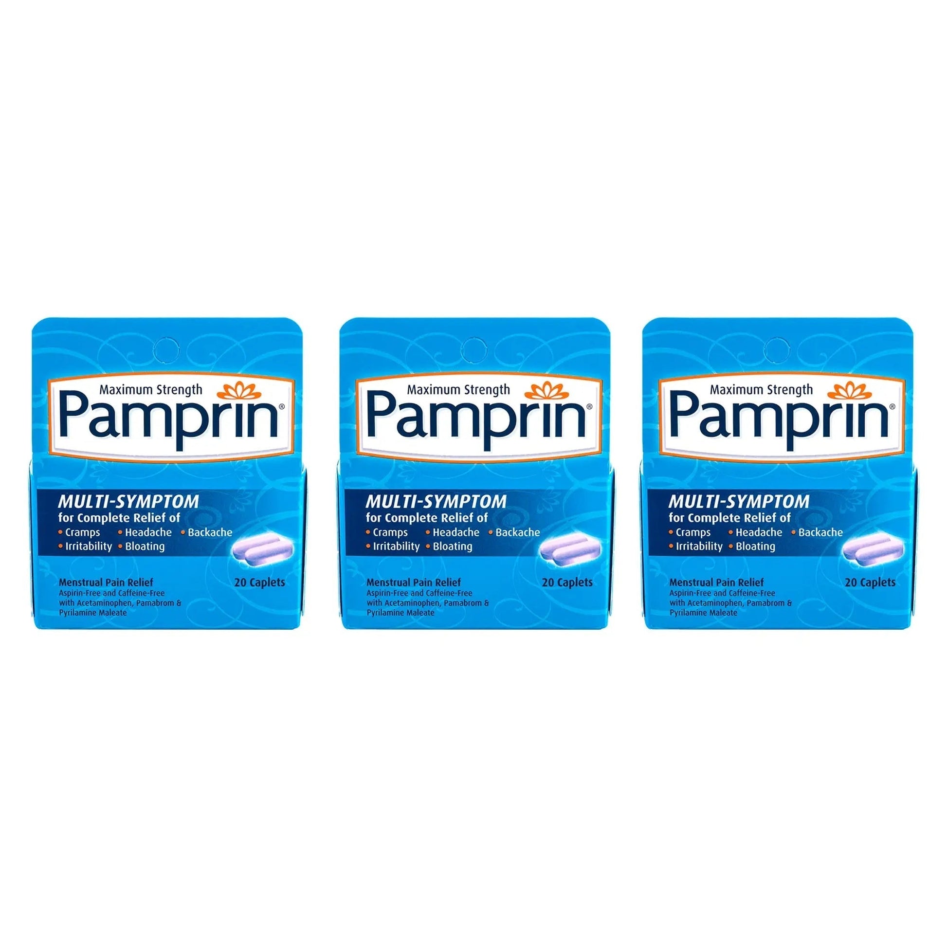 Pamprin Multi-Symptom Formula, with Acetaminophen, Menstrual Period Symptoms Relief, 20 Caplets (Pack of 3) - dailyvitalstore