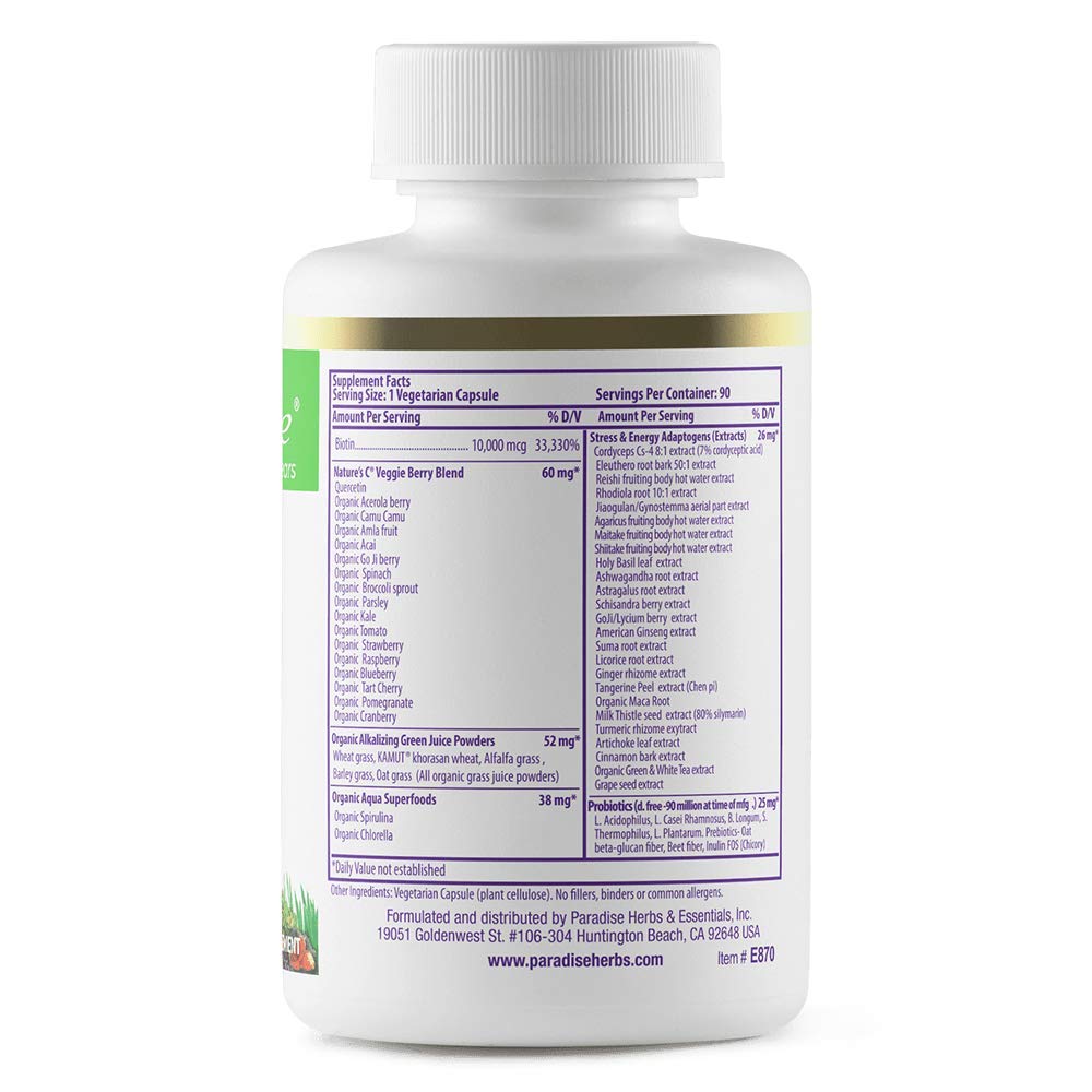Paradise Herbs Earth's Blend Biotin Supplement, Hair, Skin & Nails, Whole Body Health, Vegan, Non-GMO, 90 Vegetarian Capsules - dailyvitalstore