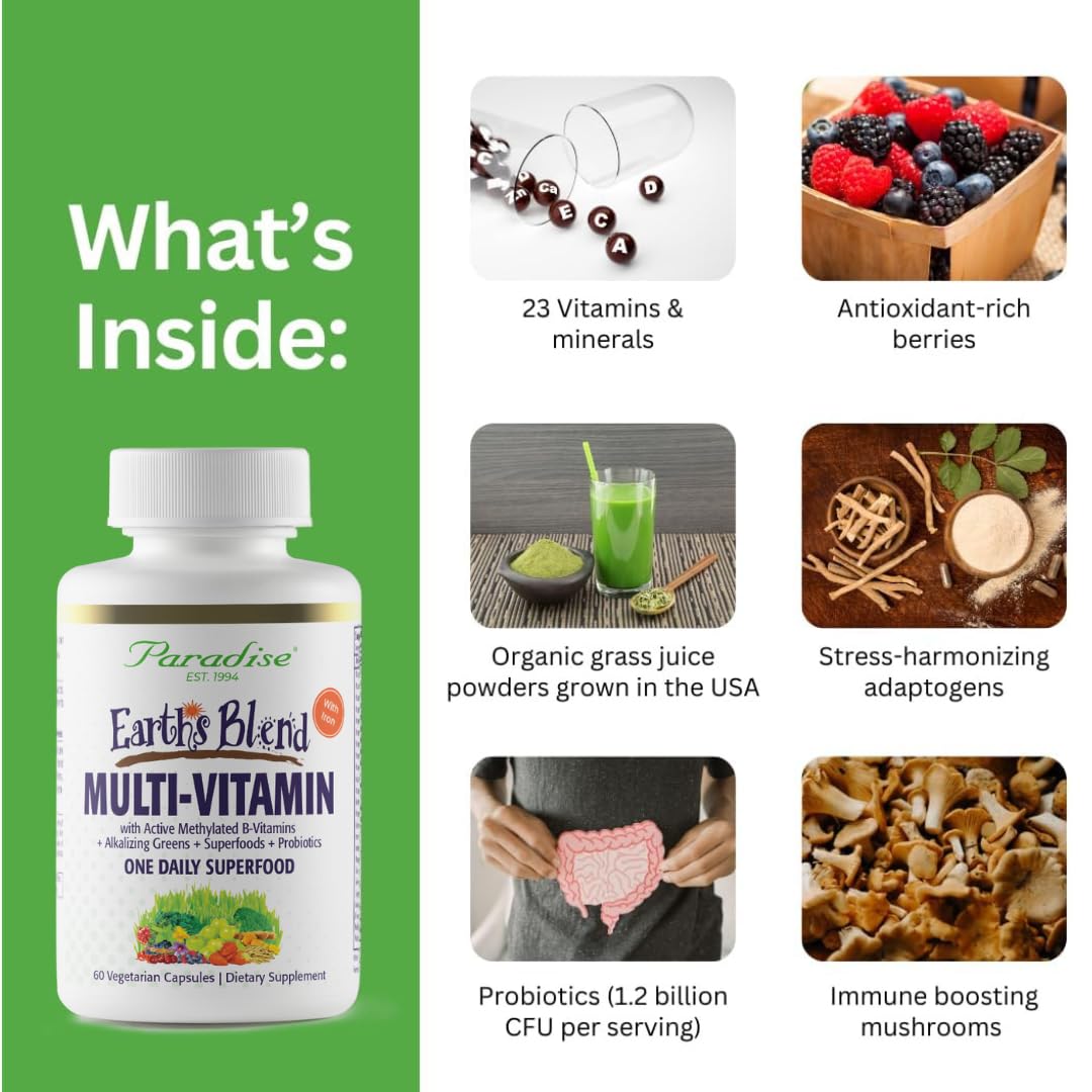 Paradise Herbs Earth's Blend Once Daily Multivitamin with Iron, 48 Organic Superfoods, Probiotics, Antioxidants, Vitamins A, B12, C, D, K2, 60 Capsules - dailyvitalstore