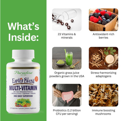 Paradise Herbs Earth's Blend Once Daily Multivitamin with Iron, 48 Organic Superfoods, Probiotics, Antioxidants, Vitamins A, B12, C, D, K2, 60 Capsules - dailyvitalstore