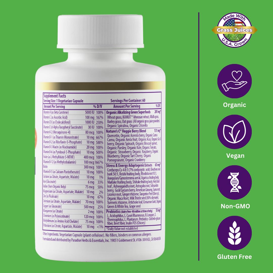 Paradise Herbs Earth's Blend Once Daily Multivitamin with Iron, 48 Organic Superfoods, Probiotics, Antioxidants, Vitamins A, B12, C, D, K2, 60 Capsules - dailyvitalstore
