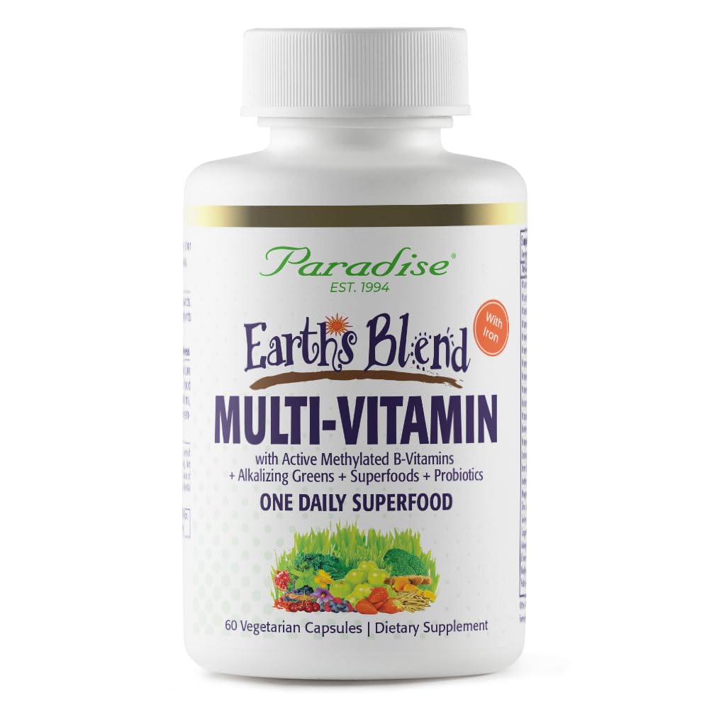 Paradise Herbs Earth's Blend Once Daily Multivitamin with Iron, 48 Organic Superfoods, Probiotics, Antioxidants, Vitamins A, B12, C, D, K2, 60 Capsules - dailyvitalstore
