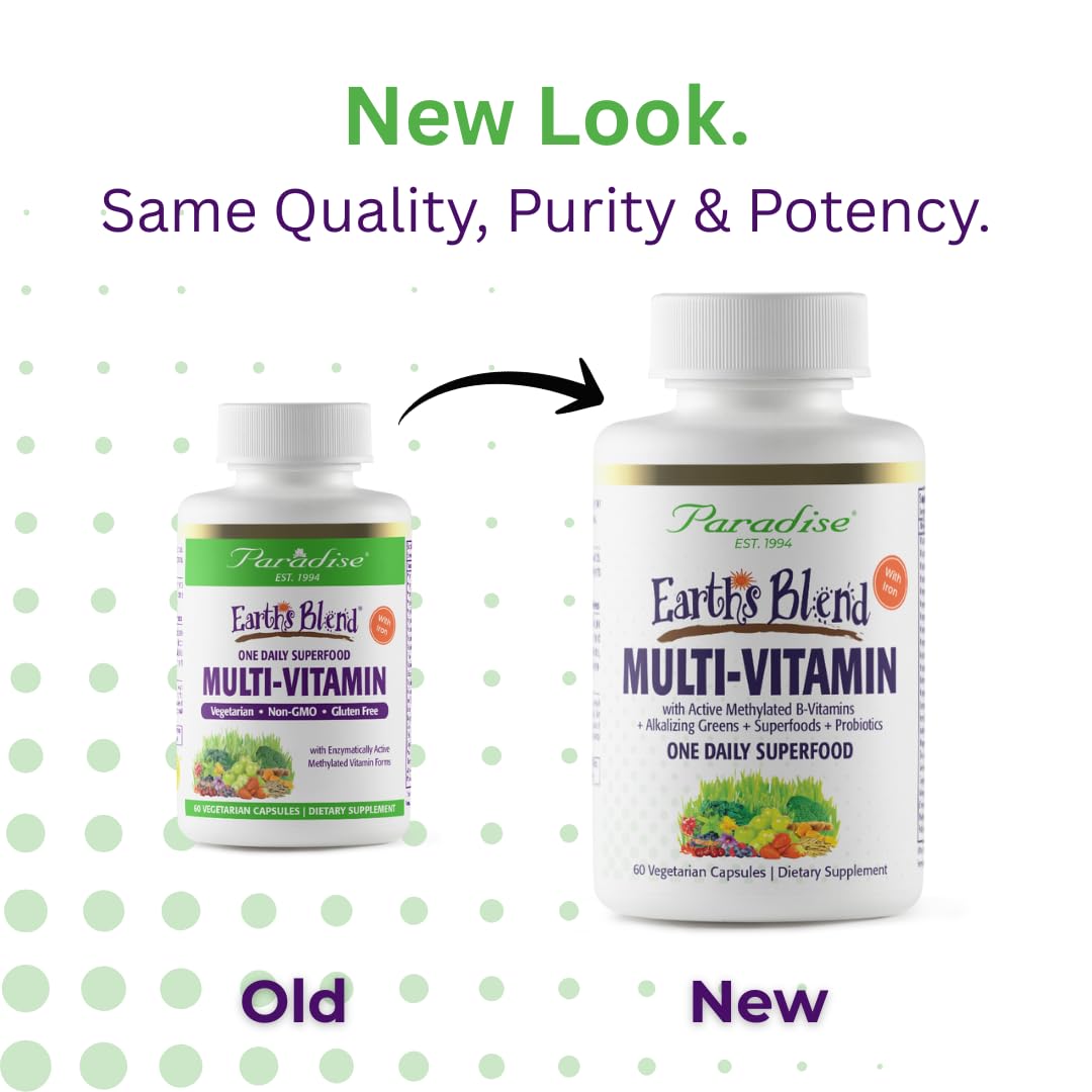 Paradise Herbs Earth's Blend Once Daily Multivitamin with Iron, 48 Organic Superfoods, Probiotics, Antioxidants, Vitamins A, B12, C, D, K2, 60 Capsules - dailyvitalstore