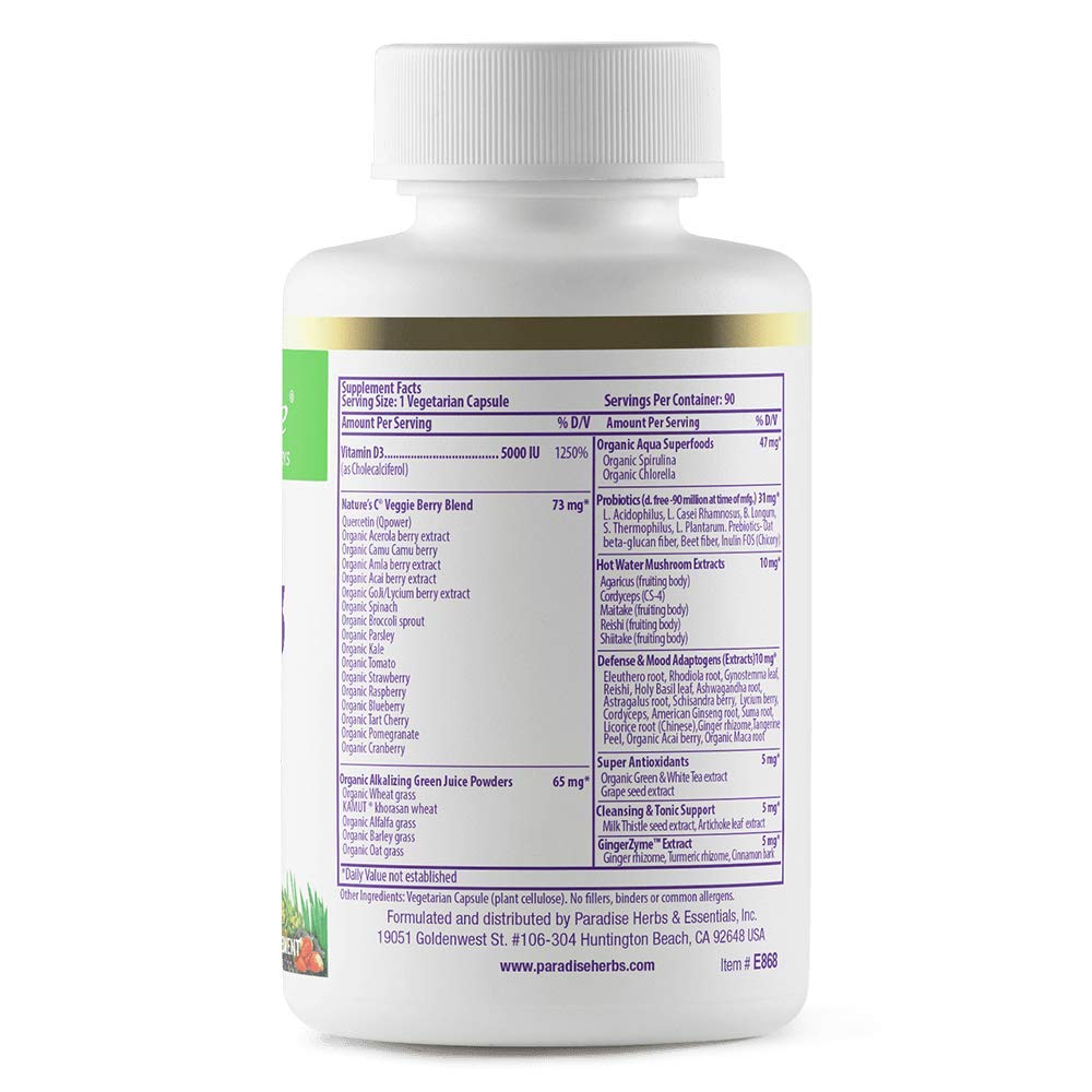 Paradise Herbs Earth's Blend Vitamin D3, Superfoods Base of Probiotics and Organic Alkalizing Greens, Veggies & Berries, 90 Vegetarian Capsules - dailyvitalstore