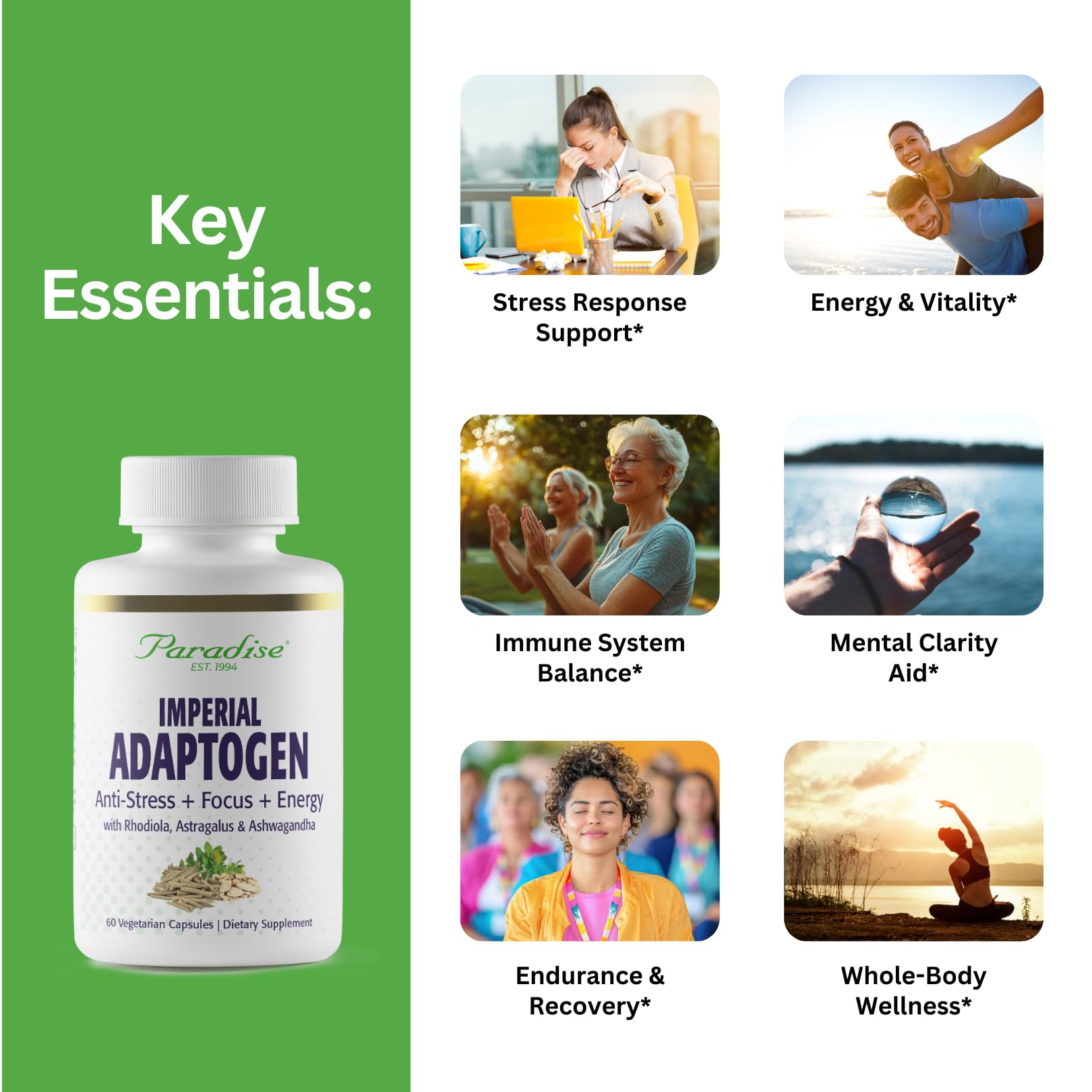Paradise Herbs, Imperial Adaptogens, with Ashwagandha, Astragalus, Rhodiola, Proprietary Adaptogen Blend for Stress Support, Focus & Energy, 60 Vegetarian Capsules - dailyvitalstore