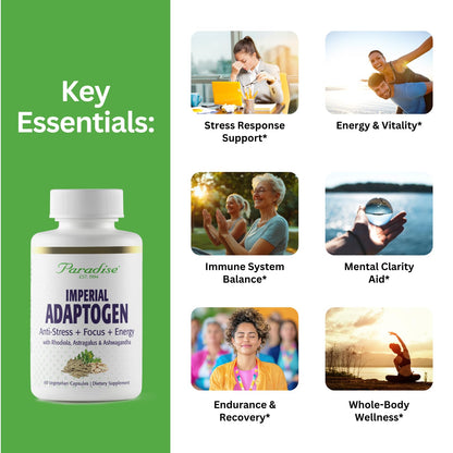 Paradise Herbs, Imperial Adaptogens, with Ashwagandha, Astragalus, Rhodiola, Proprietary Adaptogen Blend for Stress Support, Focus & Energy, 60 Vegetarian Capsules - dailyvitalstore