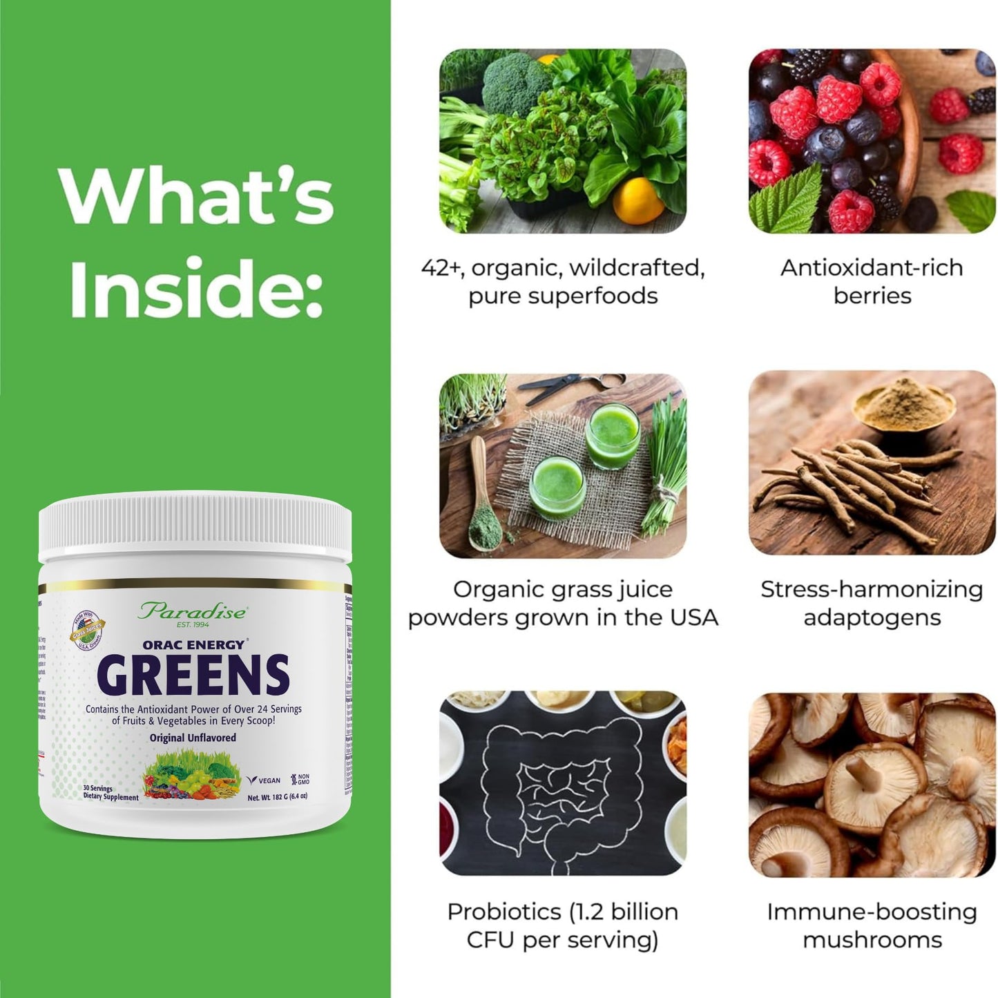 Paradise, ORAC Energy Greens Powder Extract, Super Antioxidants, Probiotics for Gut Health & Digestion, Vitamin C for Immunity, with Spirulina & Chlorella, Non-GMO, Gluten Free, 30 Servings - dailyvitalstore