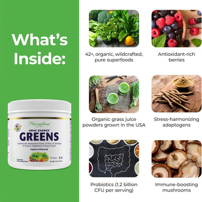Paradise, ORAC Energy Greens Powder Extract, Super Antioxidants, Probiotics for Gut Health & Digestion, Vitamin C for Immunity, with Spirulina & Chlorella, Non-GMO, Gluten Free, 30 Servings - dailyvitalstore