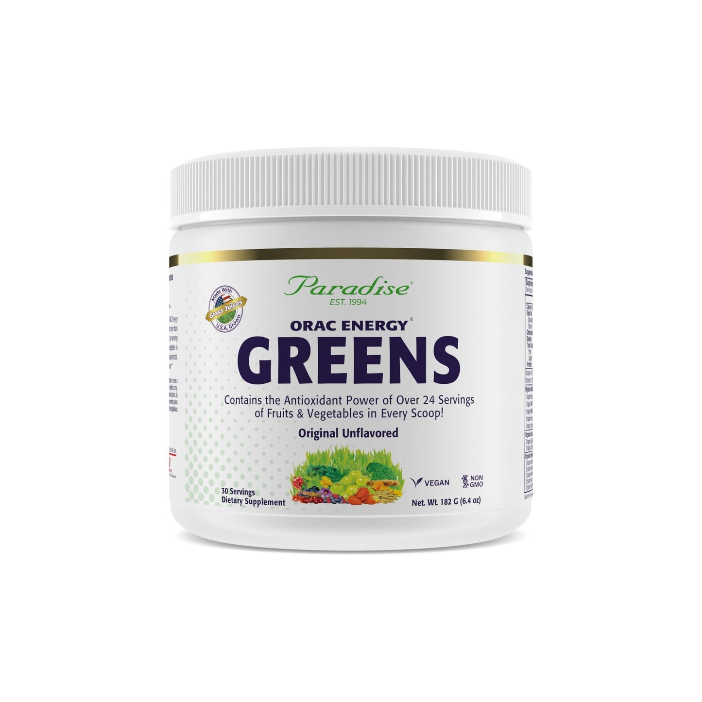 Paradise, ORAC Energy Greens Powder Extract, Super Antioxidants, Probiotics for Gut Health & Digestion, Vitamin C for Immunity, with Spirulina & Chlorella, Non-GMO, Gluten Free, 30 Servings - dailyvitalstore