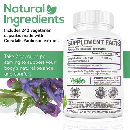 Parker Naturals Pure Corydalis Root Extract Capsule - 1000mg Strength, 10:1 Corydalis Yanhusuo Extract, Natural Relief, Long Lasting, 100% Vegetarian, 120 Servings, 240 Count - dailyvitalstore