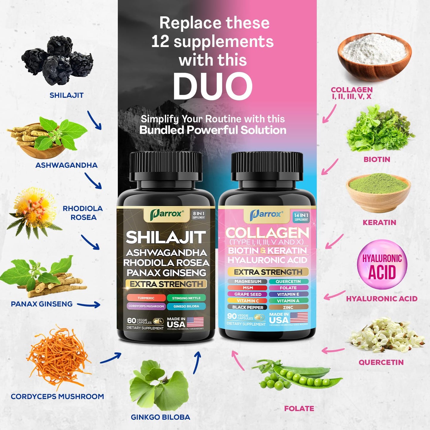 Parrox Adaptogen & Beauty Bundle – Rhodiola, Panax Ginseng, Ashwagandha, Cordyceps, Turmeric, Collagen, Biotin, Keratin, MSM, Hyaluronic Acid, Zinc, Quercetin, Vitamin C, A & E, Folate, Magnesium - dailyvitalstore