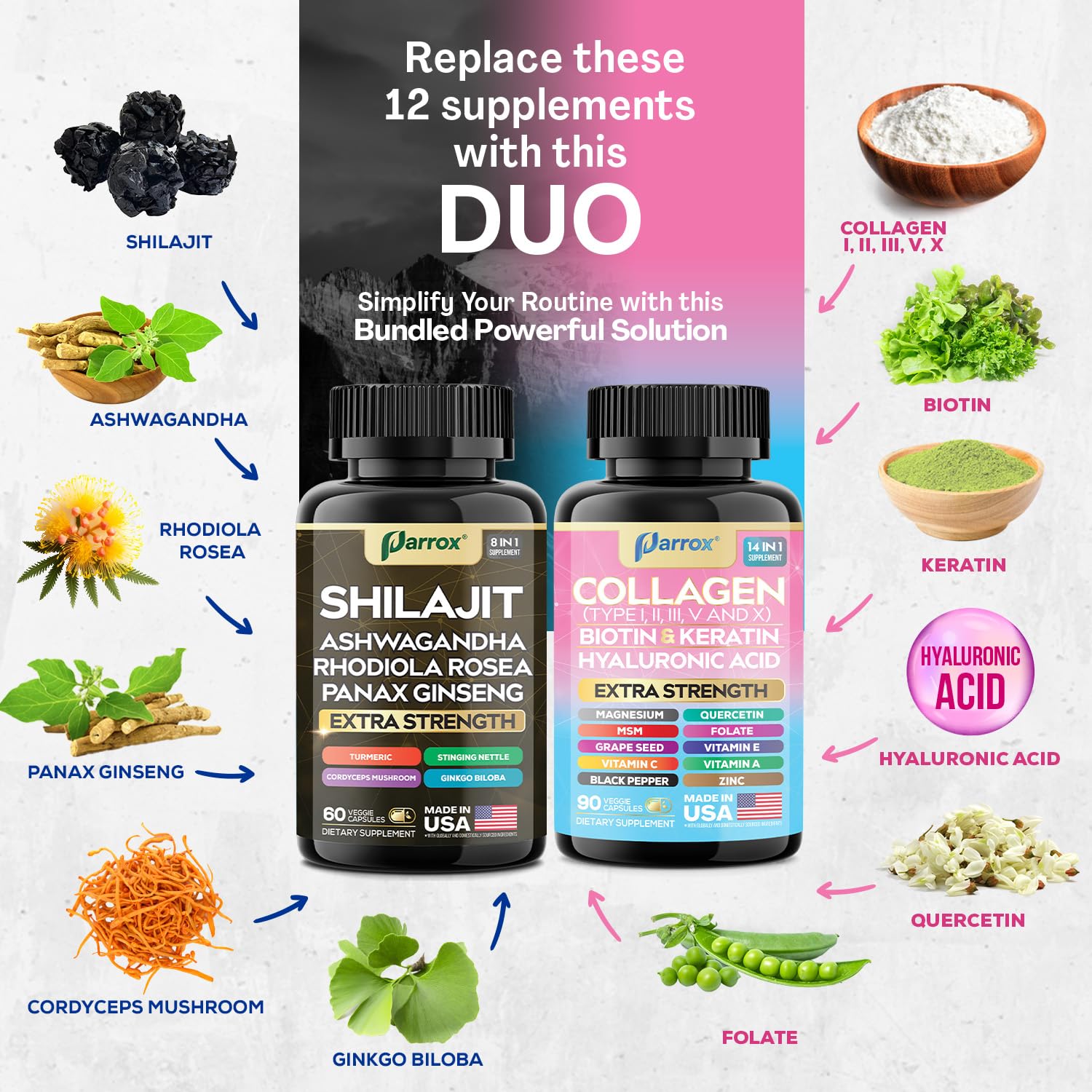 Parrox Adaptogen & Beauty Bundle – Rhodiola, Panax Ginseng, Ashwagandha, Cordyceps, Turmeric, Collagen, Biotin, Keratin, MSM, Hyaluronic Acid, Zinc, Quercetin, Vitamin C, A & E, Folate, Magnesium - dailyvitalstore