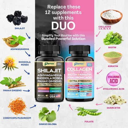 Parrox Adaptogen & Beauty Bundle – Rhodiola, Panax Ginseng, Ashwagandha, Cordyceps, Turmeric, Collagen, Biotin, Keratin, MSM, Hyaluronic Acid, Zinc, Quercetin, Vitamin C, A & E, Folate, Magnesium - dailyvitalstore