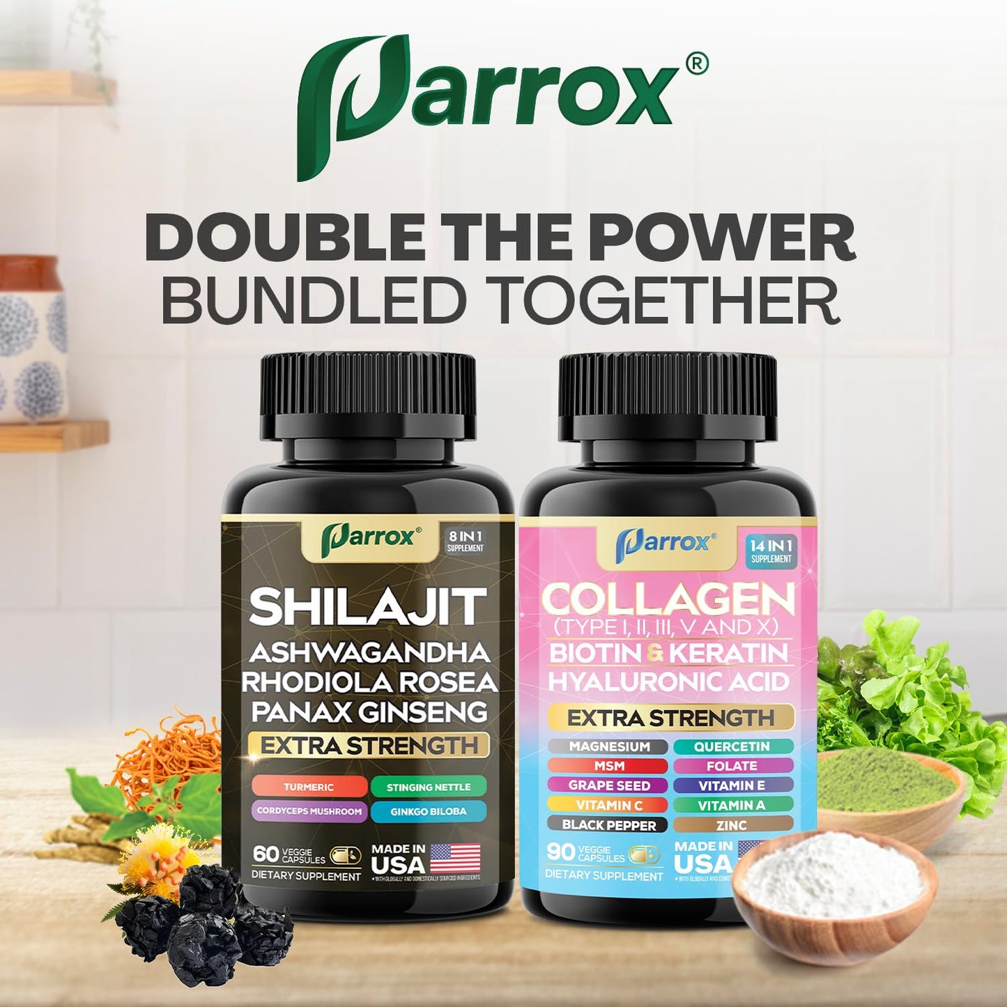 Parrox Adaptogen & Beauty Bundle – Rhodiola, Panax Ginseng, Ashwagandha, Cordyceps, Turmeric, Collagen, Biotin, Keratin, MSM, Hyaluronic Acid, Zinc, Quercetin, Vitamin C, A & E, Folate, Magnesium - dailyvitalstore