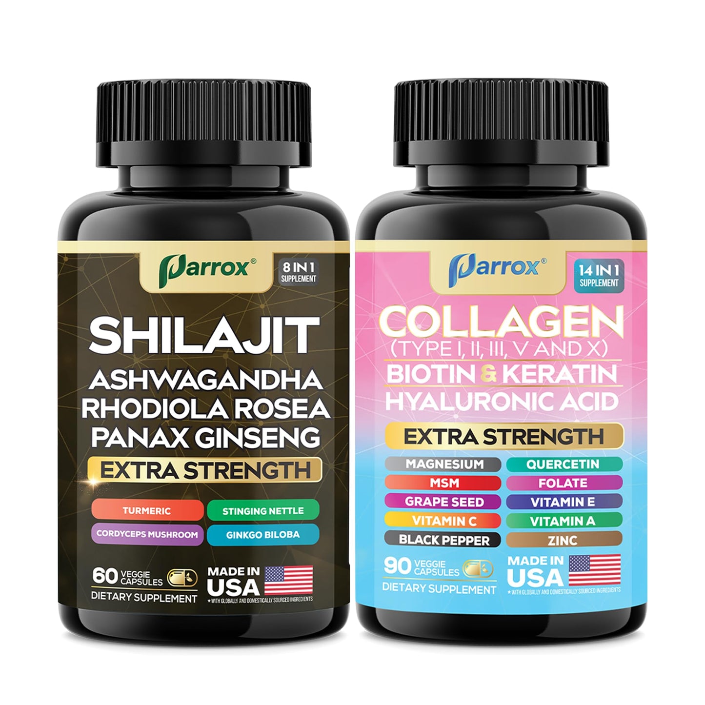 Parrox Adaptogen & Beauty Bundle – Rhodiola, Panax Ginseng, Ashwagandha, Cordyceps, Turmeric, Collagen, Biotin, Keratin, MSM, Hyaluronic Acid, Zinc, Quercetin, Vitamin C, A & E, Folate, Magnesium - dailyvitalstore
