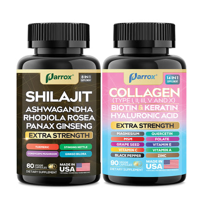 Parrox Adaptogen & Beauty Bundle – Rhodiola, Panax Ginseng, Ashwagandha, Cordyceps, Turmeric, Collagen, Biotin, Keratin, MSM, Hyaluronic Acid, Zinc, Quercetin, Vitamin C, A & E, Folate, Magnesium - dailyvitalstore
