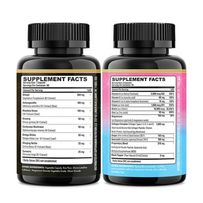 Parrox Adaptogen & Beauty Bundle – Rhodiola, Panax Ginseng, Ashwagandha, Cordyceps, Turmeric, Collagen, Biotin, Keratin, MSM, Hyaluronic Acid, Zinc, Quercetin, Vitamin C, A & E, Folate, Magnesium - dailyvitalstore