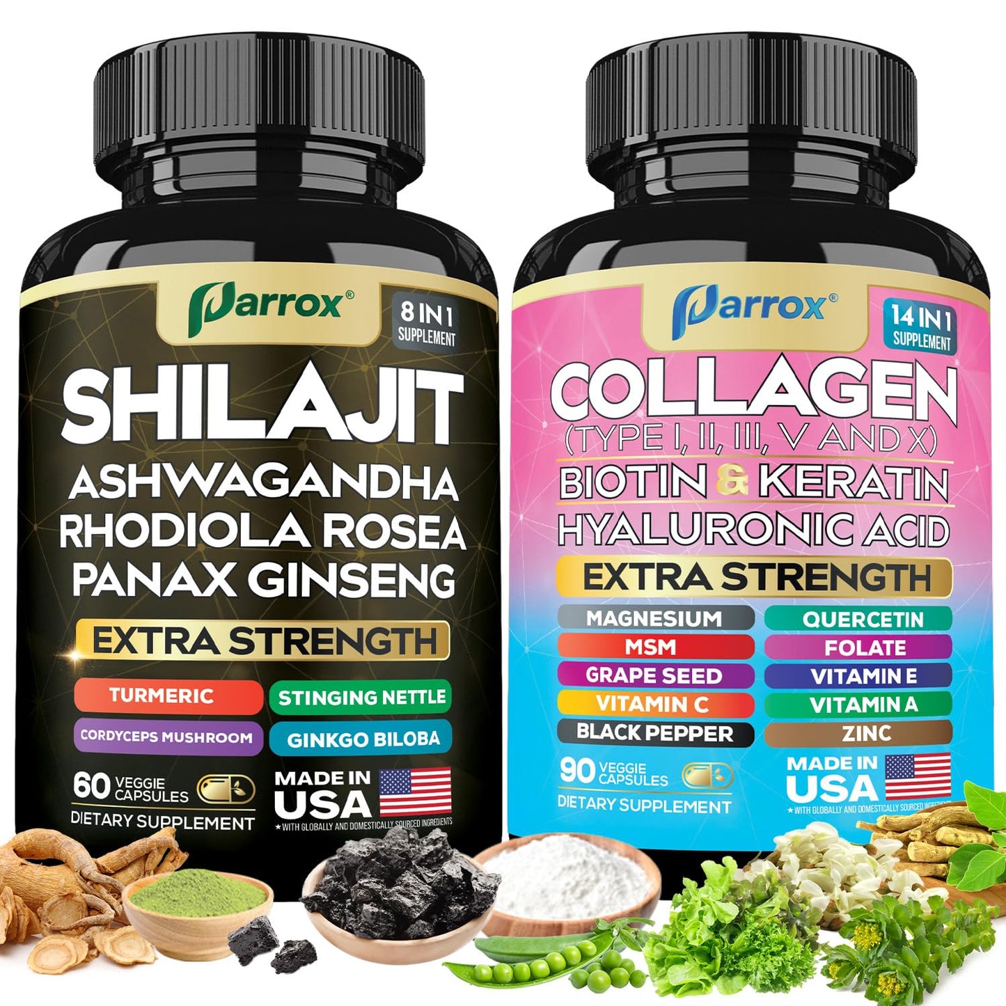 Parrox Adaptogen & Beauty Bundle – Rhodiola, Panax Ginseng, Ashwagandha, Cordyceps, Turmeric, Collagen, Biotin, Keratin, MSM, Hyaluronic Acid, Zinc, Quercetin, Vitamin C, A & E, Folate, Magnesium - dailyvitalstore