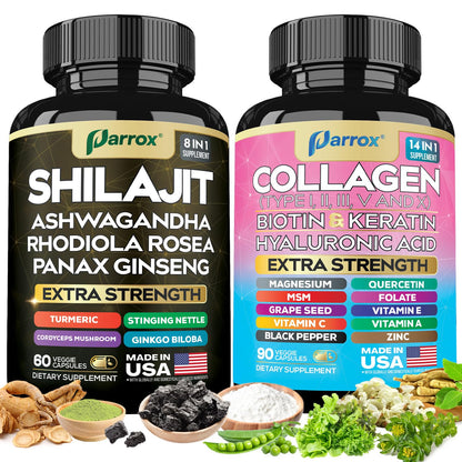 Parrox Adaptogen & Beauty Bundle – Rhodiola, Panax Ginseng, Ashwagandha, Cordyceps, Turmeric, Collagen, Biotin, Keratin, MSM, Hyaluronic Acid, Zinc, Quercetin, Vitamin C, A & E, Folate, Magnesium - dailyvitalstore