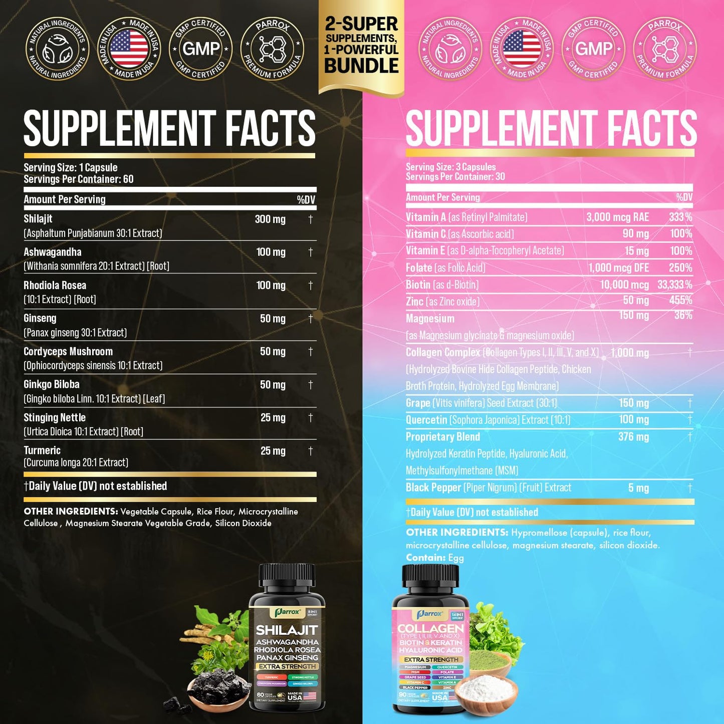 Parrox Adaptogen & Beauty Bundle – Rhodiola, Panax Ginseng, Ashwagandha, Cordyceps, Turmeric, Collagen, Biotin, Keratin, MSM, Hyaluronic Acid, Zinc, Quercetin, Vitamin C, A & E, Folate, Magnesium - dailyvitalstore
