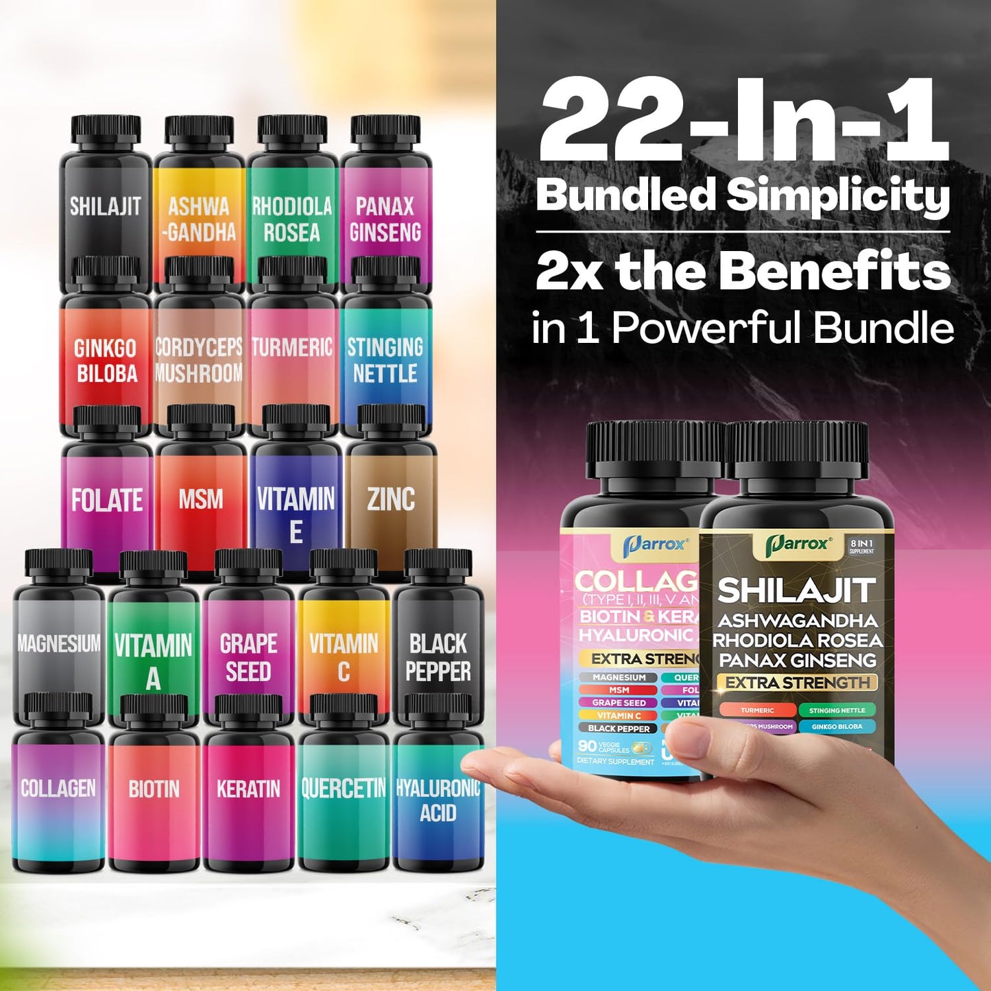 Parrox Adaptogen & Beauty Bundle – Rhodiola, Panax Ginseng, Ashwagandha, Cordyceps, Turmeric, Collagen, Biotin, Keratin, MSM, Hyaluronic Acid, Zinc, Quercetin, Vitamin C, A & E, Folate, Magnesium - dailyvitalstore