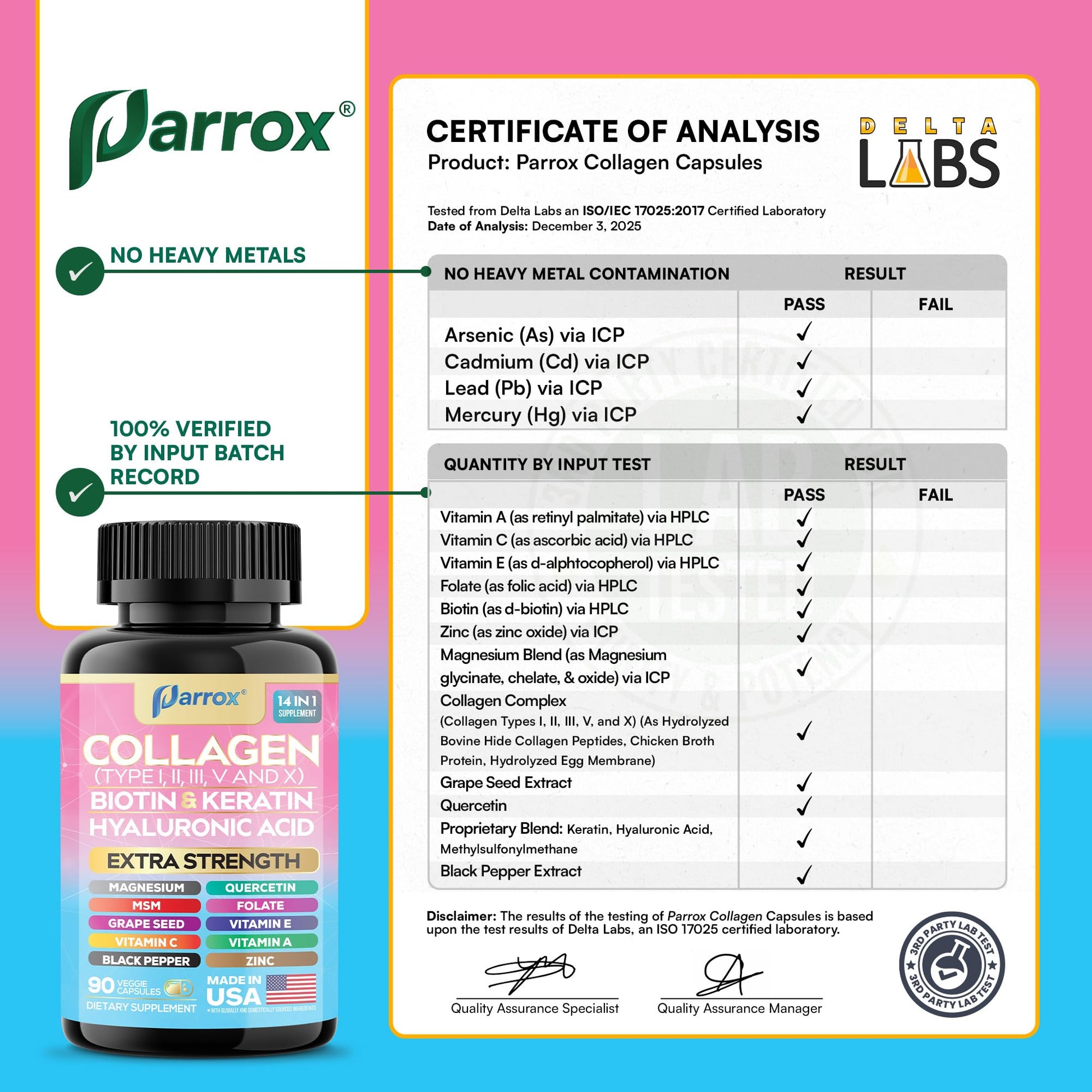 Parrox Collagen Peptides Types I, II, III, V & X, MCG Biotin, Keratin, Hyaluronic Acid, MSM, Zinc, Grape Seed Extract, Quercetin, Vitamin A, Vitamin C, Vitamin E, Magnesium, Folic Acid (90 Capsules) - dailyvitalstore