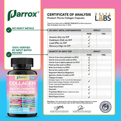 Parrox Collagen Peptides Types I, II, III, V & X, MCG Biotin, Keratin, Hyaluronic Acid, MSM, Zinc, Grape Seed Extract, Quercetin, Vitamin A, Vitamin C, Vitamin E, Magnesium, Folic Acid (90 Capsules) - dailyvitalstore