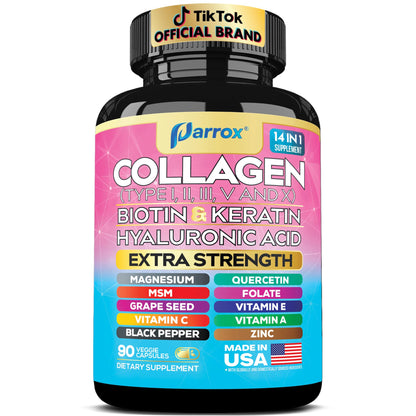 Parrox Collagen Peptides Types I, II, III, V & X, MCG Biotin, Keratin, Hyaluronic Acid, MSM, Zinc, Grape Seed Extract, Quercetin, Vitamin A, Vitamin C, Vitamin E, Magnesium, Folic Acid (90 Capsules) - dailyvitalstore