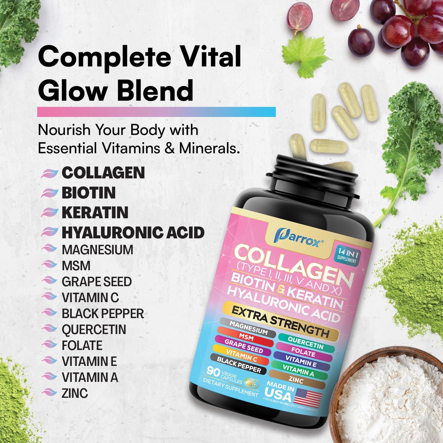 Parrox Collagen Peptides Types I, II, III, V & X, MCG Biotin, Keratin, Hyaluronic Acid, MSM, Zinc, Grape Seed Extract, Quercetin, Vitamin A, Vitamin C, Vitamin E, Magnesium, Folic Acid (90 Capsules) - dailyvitalstore