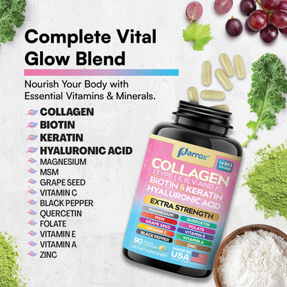 Parrox Collagen Peptides Types I, II, III, V & X, MCG Biotin, Keratin, Hyaluronic Acid, MSM, Zinc, Grape Seed Extract, Quercetin, Vitamin A, Vitamin C, Vitamin E, Magnesium, Folic Acid (90 Capsules) - dailyvitalstore