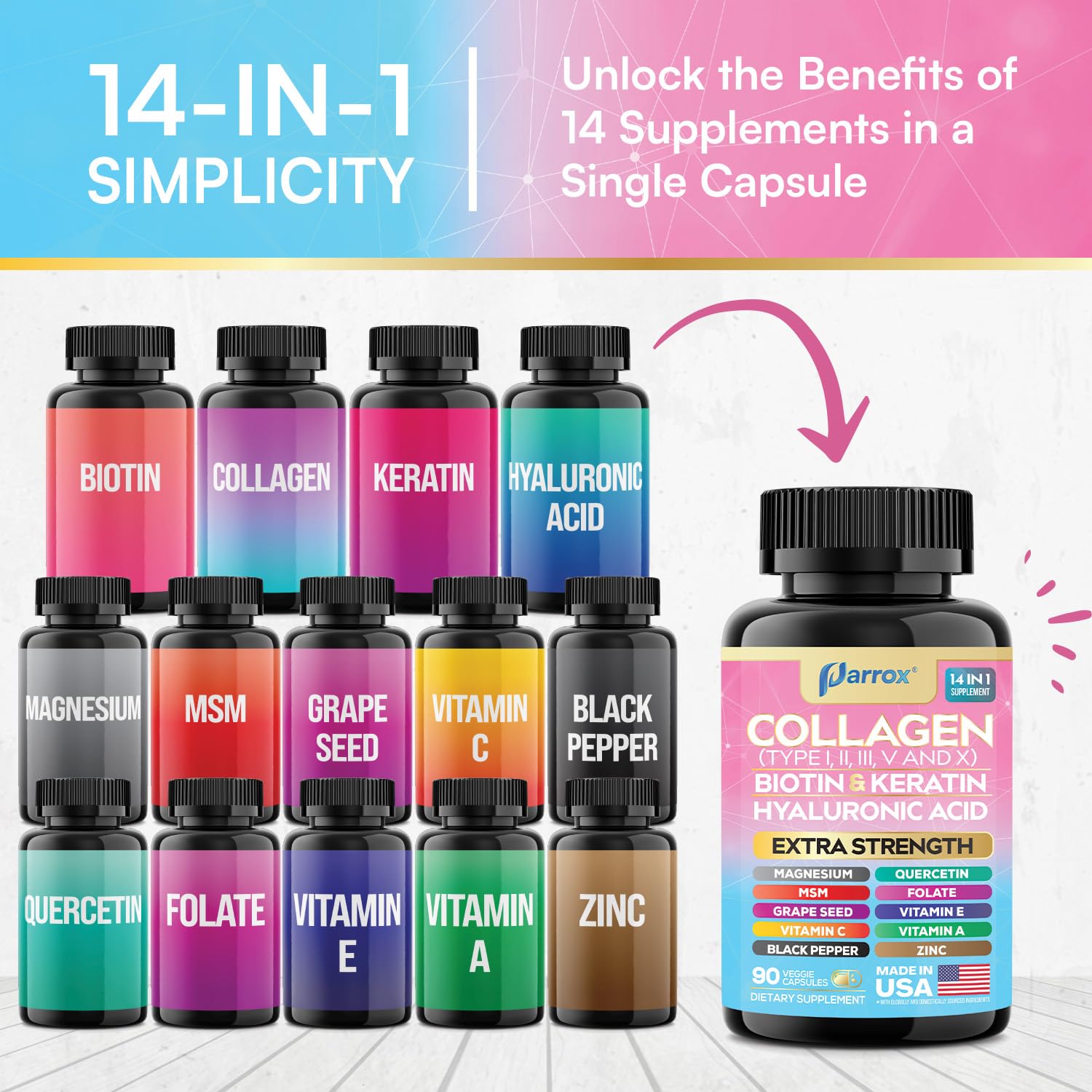 Parrox Collagen Peptides Types I, II, III, V & X, MCG Biotin, Keratin, Hyaluronic Acid, MSM, Zinc, Grape Seed Extract, Quercetin, Vitamin A, Vitamin C, Vitamin E, Magnesium, Folic Acid (90 Capsules) - dailyvitalstore