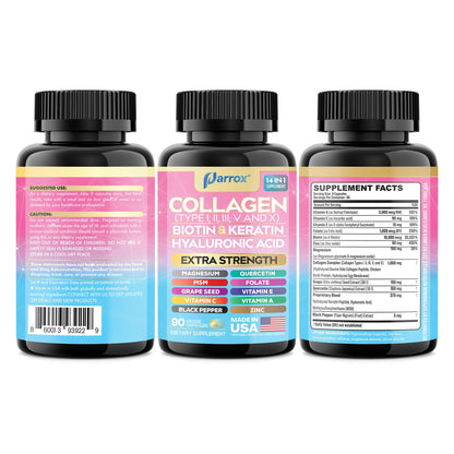 Parrox Collagen Peptides Types I, II, III, V & X, MCG Biotin, Keratin, Hyaluronic Acid, MSM, Zinc, Grape Seed Extract, Quercetin, Vitamin A, Vitamin C, Vitamin E, Magnesium, Folic Acid (90 Capsules) - dailyvitalstore