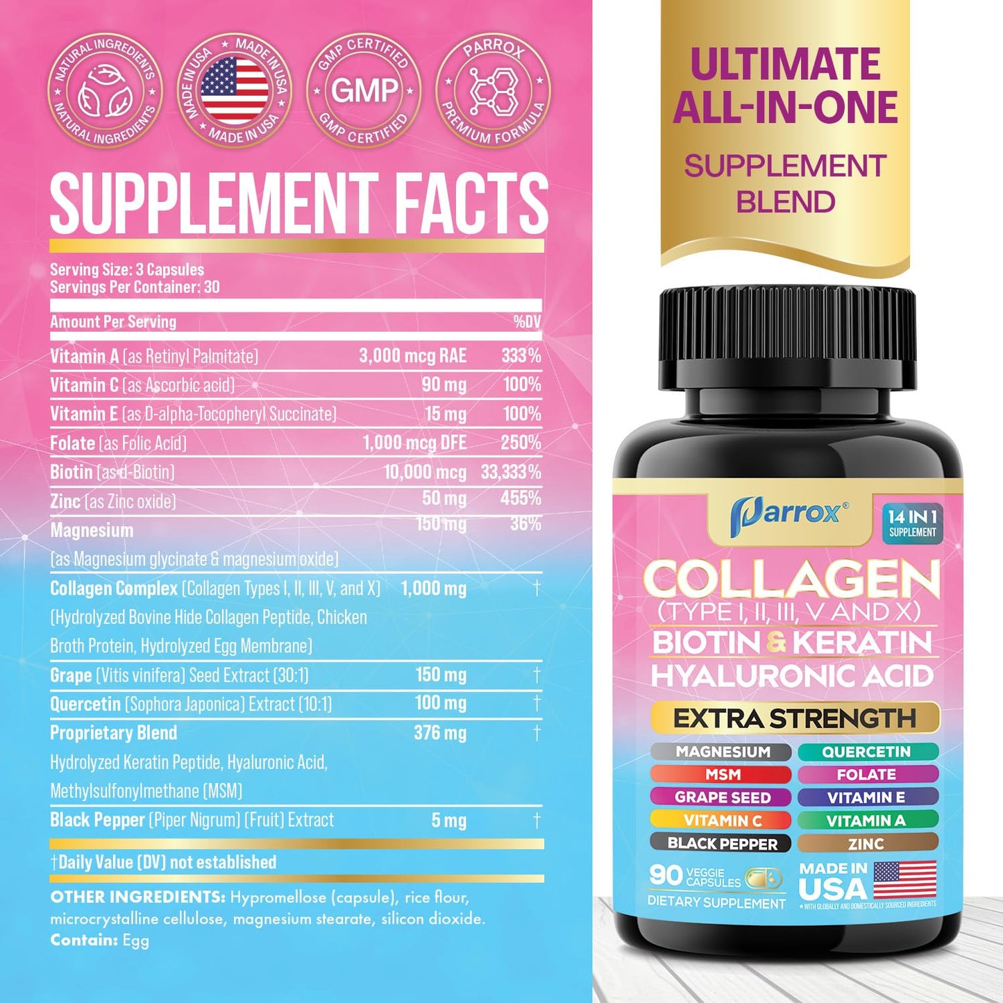 Parrox Collagen Peptides Types I, II, III, V & X, MCG Biotin, Keratin, Hyaluronic Acid, MSM, Zinc, Grape Seed Extract, Quercetin, Vitamin A, Vitamin C, Vitamin E, Magnesium, Folic Acid (90 Capsules) - dailyvitalstore