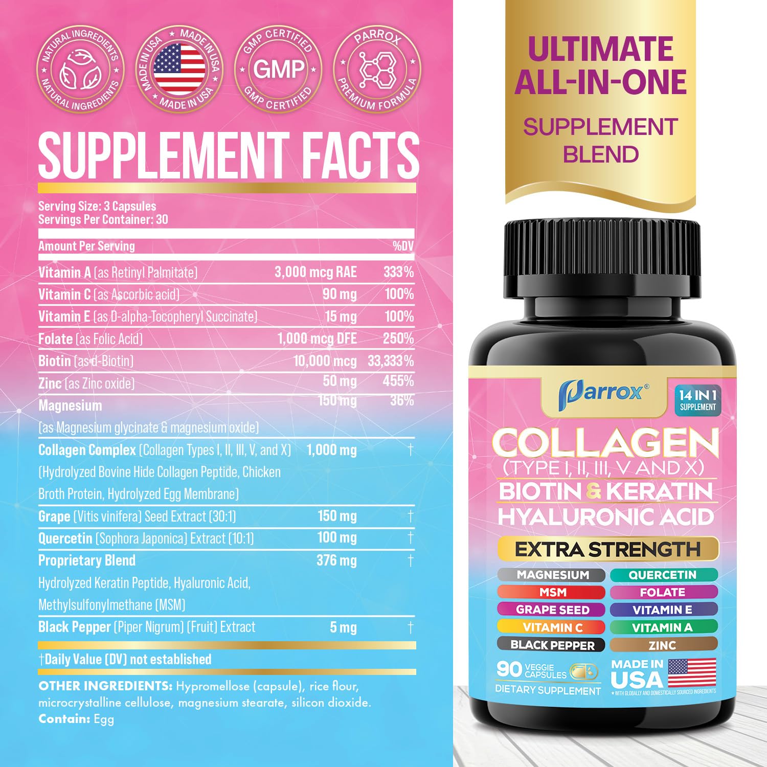 Parrox Collagen Peptides Types I, II, III, V & X, MCG Biotin, Keratin, Hyaluronic Acid, MSM, Zinc, Grape Seed Extract, Quercetin, Vitamin A, Vitamin C, Vitamin E, Magnesium, Folic Acid (90 Capsules) - dailyvitalstore