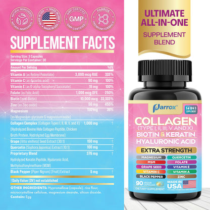 Parrox Collagen Peptides Types I, II, III, V & X, MCG Biotin, Keratin, Hyaluronic Acid, MSM, Zinc, Grape Seed Extract, Quercetin, Vitamin A, Vitamin C, Vitamin E, Magnesium, Folic Acid (90 Capsules) - dailyvitalstore