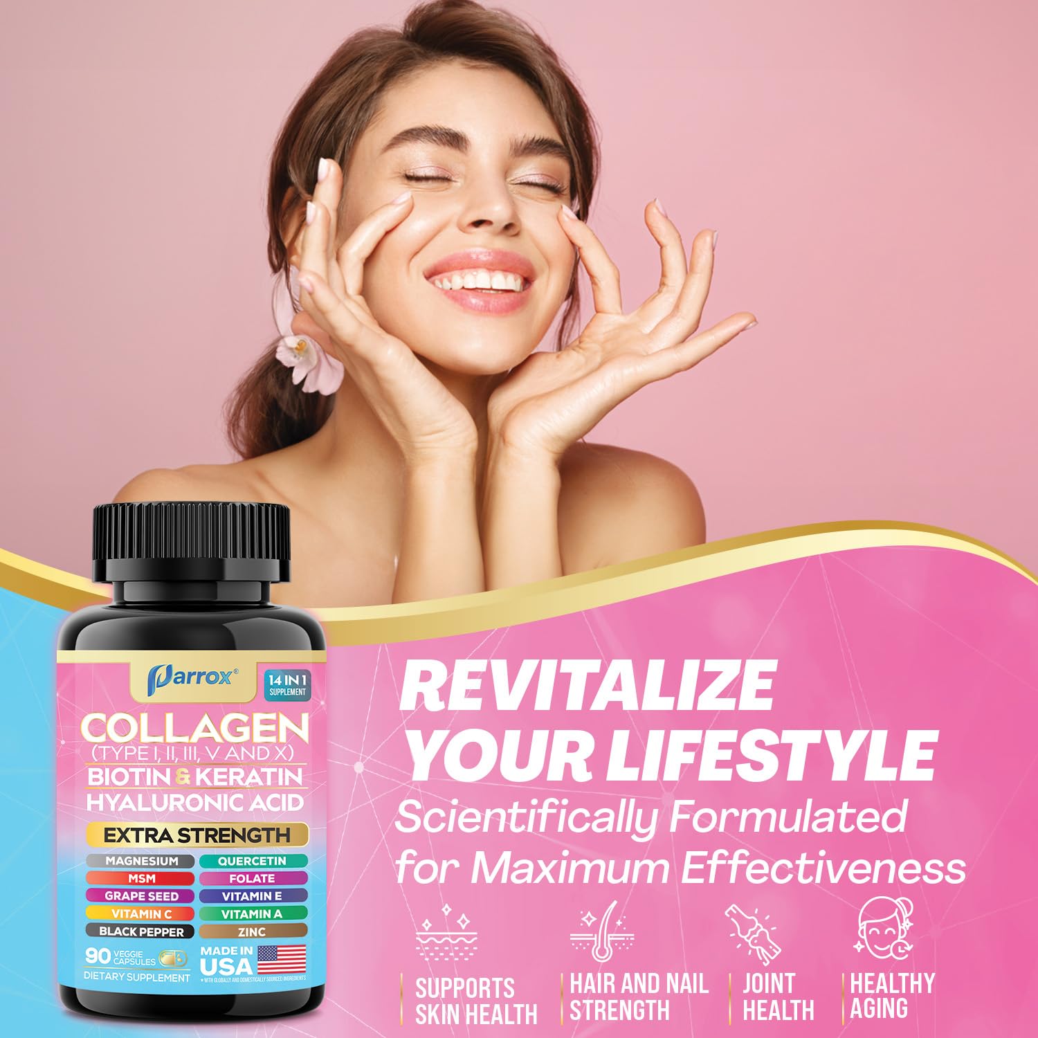 Parrox Collagen Peptides Types I, II, III, V & X, MCG Biotin, Keratin, Hyaluronic Acid, MSM, Zinc, Grape Seed Extract, Quercetin, Vitamin A, Vitamin C, Vitamin E, Magnesium, Folic Acid (90 Capsules) - dailyvitalstore