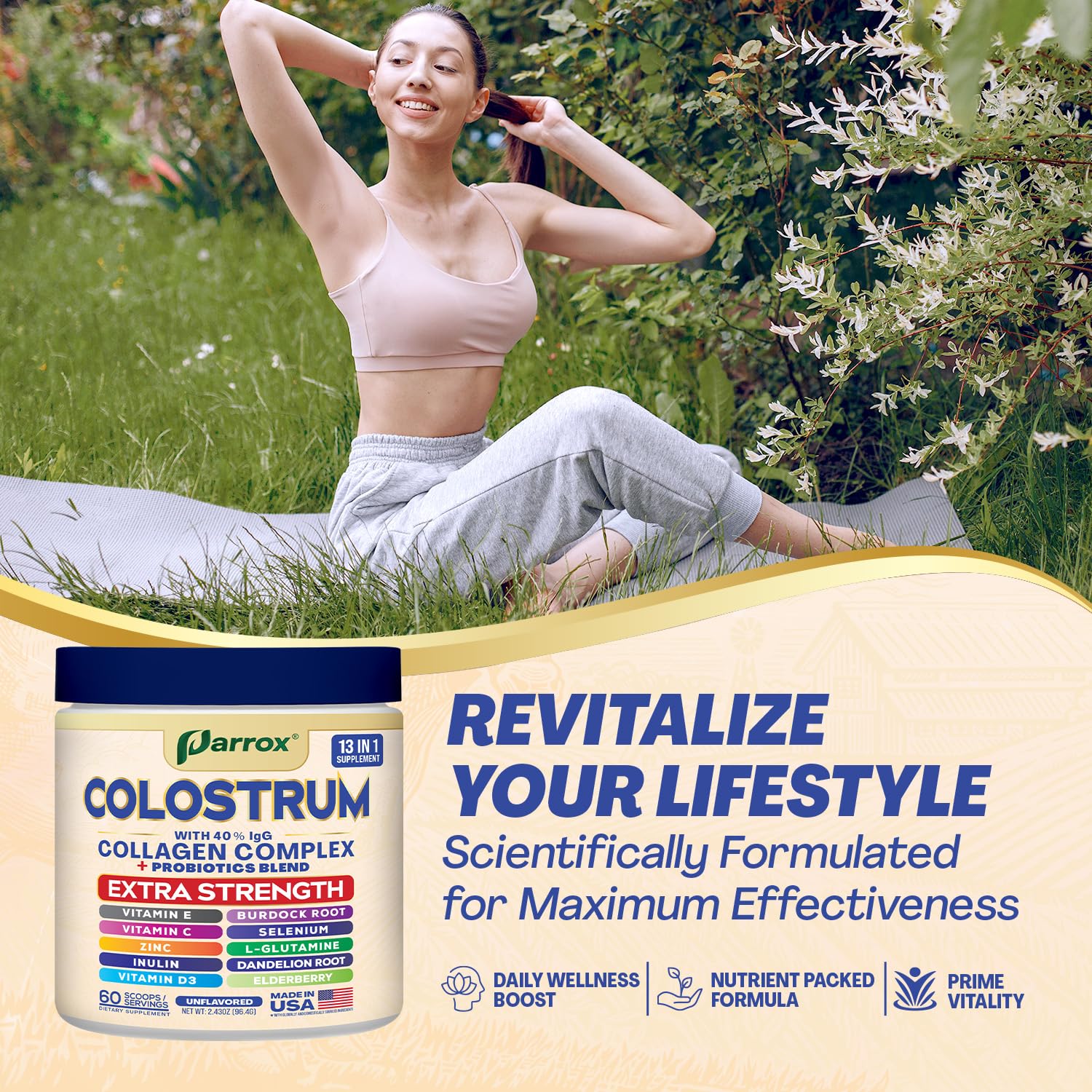 Parrox Colostrum Powder with 40% IgG, Collagen, Probiotics, Burdock Root, L-Glutamine, Elderberry, Vitamin C, Vitamin E, Vitamin D3, Inulin, Selenium, Dandelion Root, Zinc, 60 Servings (Unflavored) - dailyvitalstore