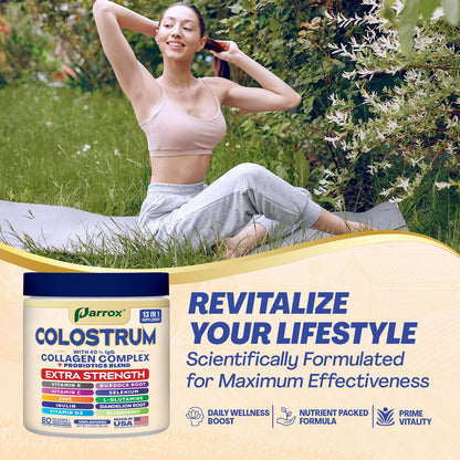 Parrox Colostrum Powder with 40% IgG, Collagen, Probiotics, Burdock Root, L-Glutamine, Elderberry, Vitamin C, Vitamin E, Vitamin D3, Inulin, Selenium, Dandelion Root, Zinc, 60 Servings (Unflavored) - dailyvitalstore