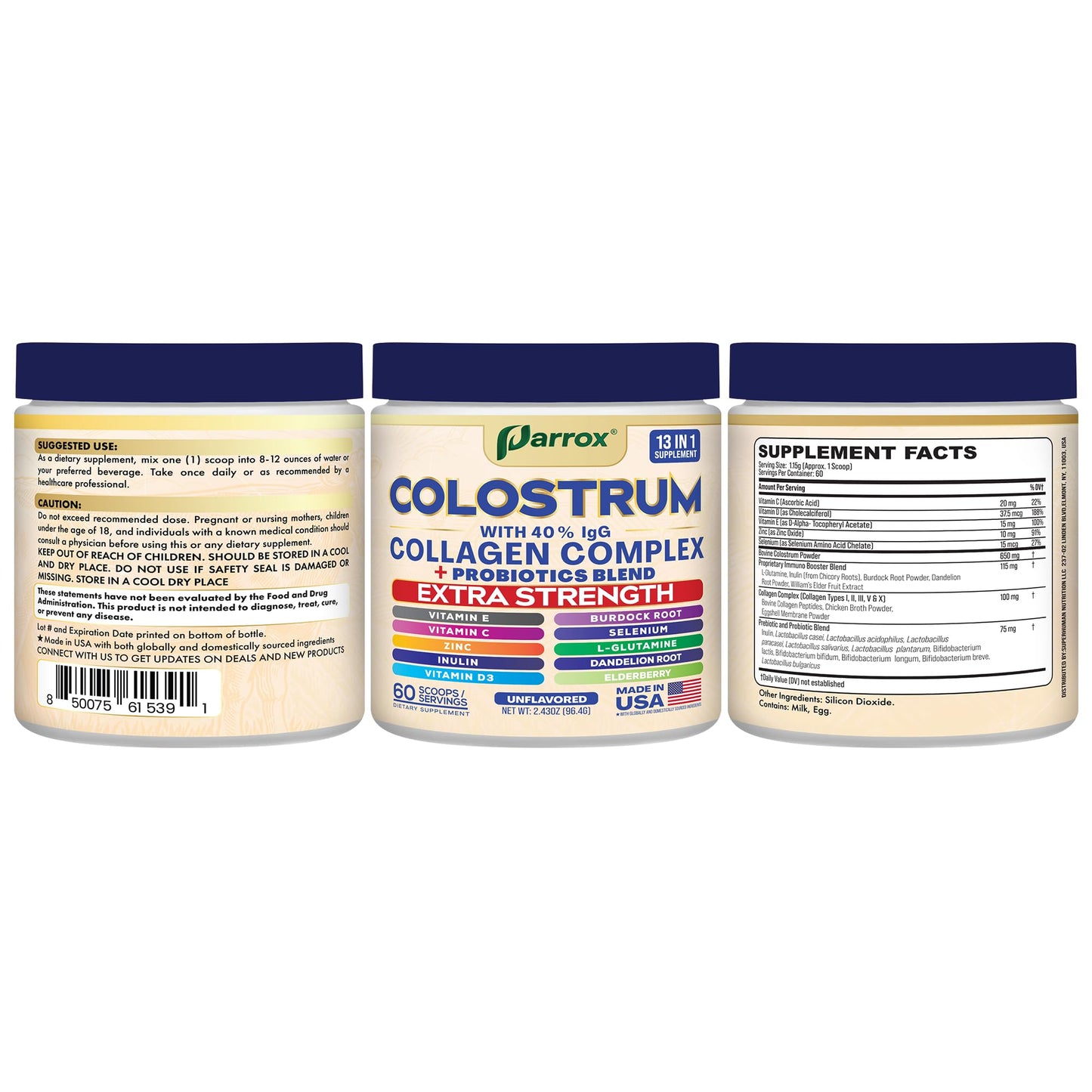 Parrox Colostrum Powder with 40% IgG, Collagen, Probiotics, Burdock Root, L-Glutamine, Elderberry, Vitamin C, Vitamin E, Vitamin D3, Inulin, Selenium, Dandelion Root, Zinc, 60 Servings (Unflavored) - dailyvitalstore
