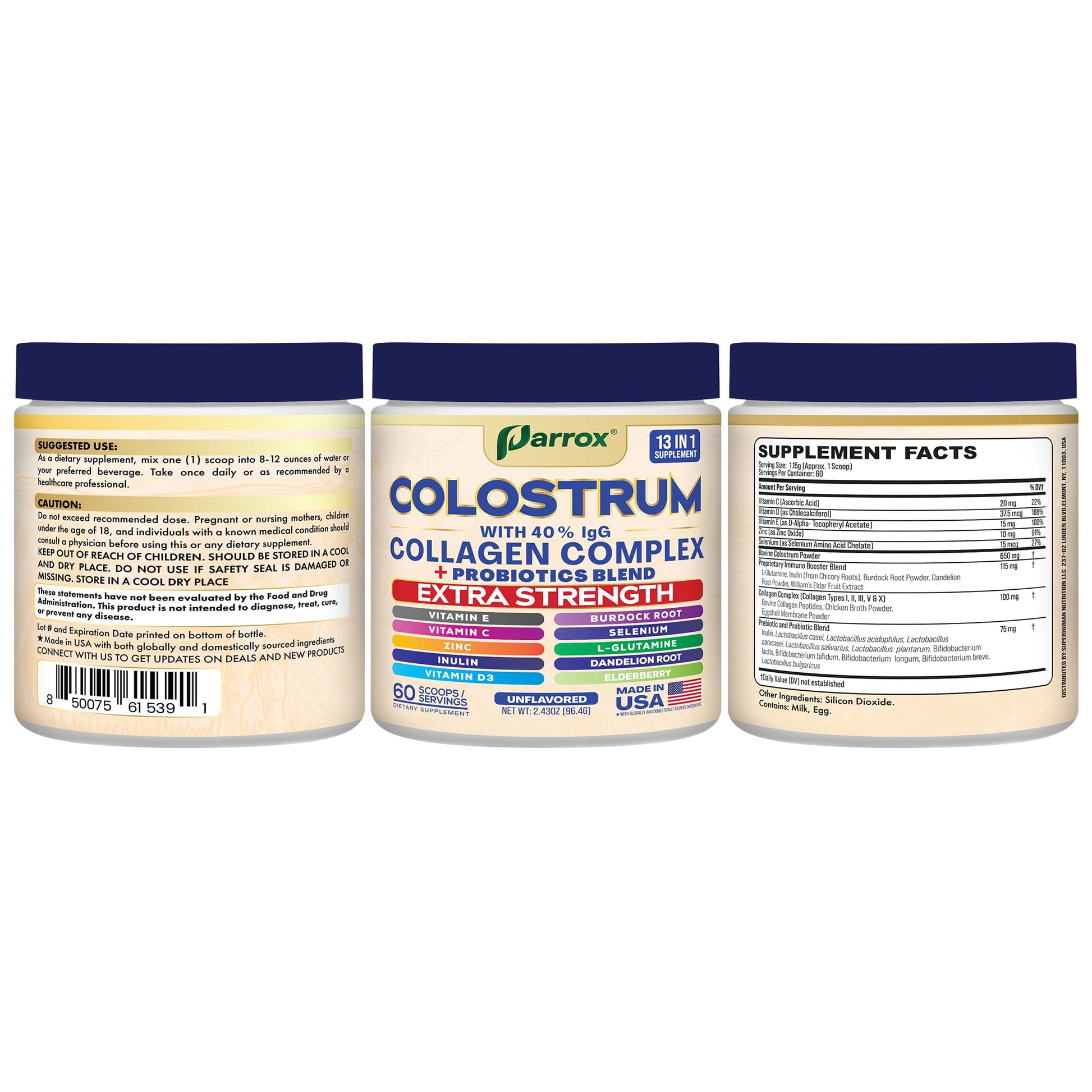 Parrox Colostrum Powder with 40% IgG, Collagen, Probiotics, Burdock Root, L-Glutamine, Elderberry, Vitamin C, Vitamin E, Vitamin D3, Inulin, Selenium, Dandelion Root, Zinc, 60 Servings (Unflavored) - dailyvitalstore